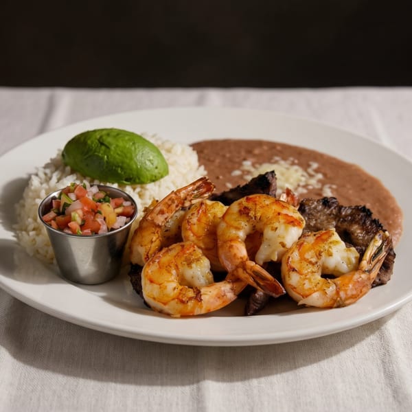 Grilled shrimp and steak with rice, refried beans, avocado, and pico de gallo on a white plate.