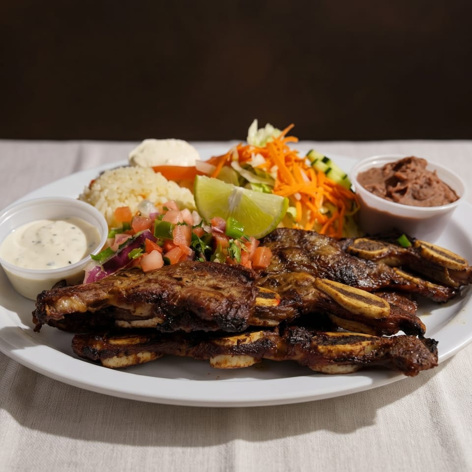 Grilled short ribs with rice, pico de gallo, salad, refried beans, and sauces on a white plate.