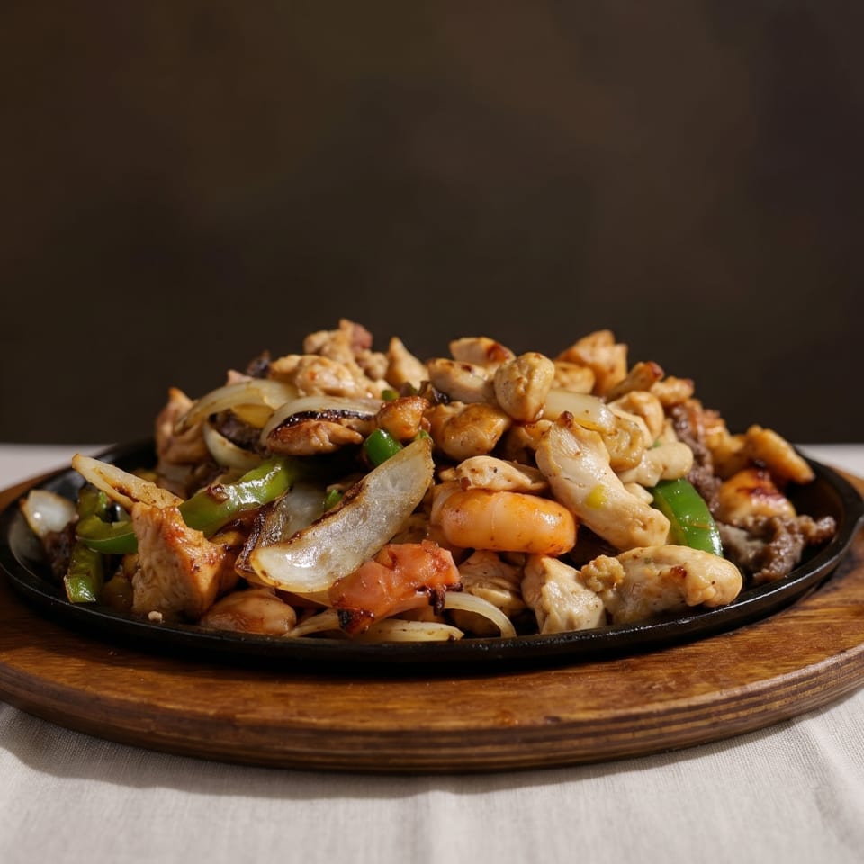 Sizzling fajitas with chicken, shrimp, beef, onions, and green peppers on a cast iron platter.