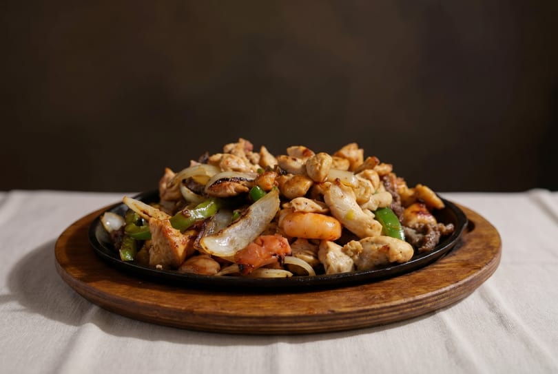 Sizzling fajitas with chicken, shrimp, beef, onions, and green peppers on a cast iron platter.