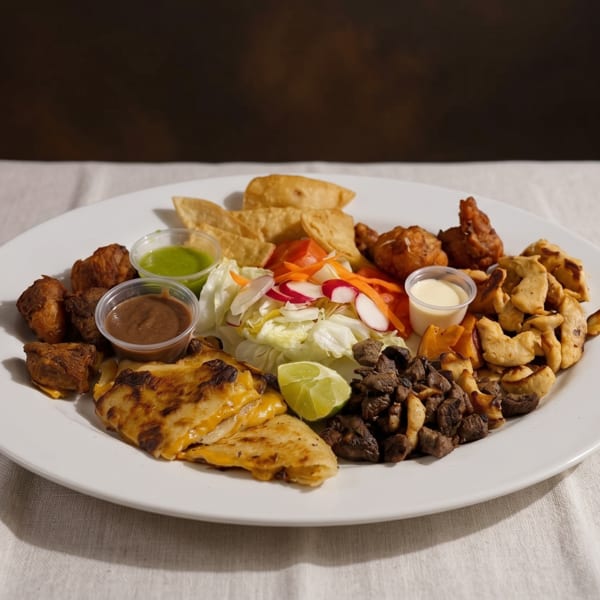 A large platter of various appetizers including quesadillas, fried chicken, and salad with sauces.