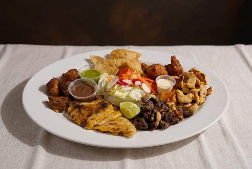 A large platter of various appetizers including quesadillas, fried chicken, and salad with sauces.